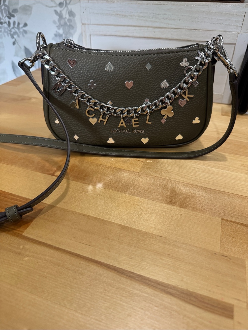 Michael Kors Olive Green Pebbled Leather Crossbody with Silver Chain Charm